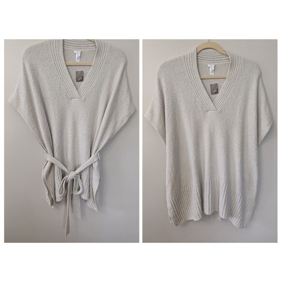 J Jill Knit Poncho One Size XL-3X Belted Relaxed Cozy Boho Soft Stone Ivory NWT - Picture 1 of 11